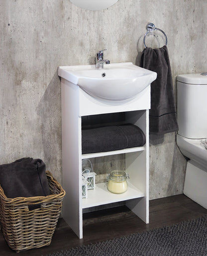 Denver Bathroom Furniture | Aperto Open Shelf Bathroom Vanity Cabinet | White finish | Floor Standing.