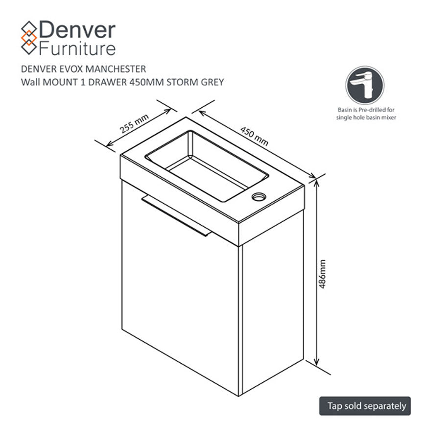 Denver Manchester Floating Vanity | 1 Drawer | 450 | Storm Grey