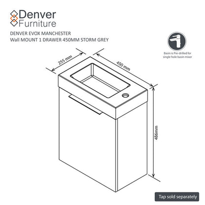 Denver Manchester Floating Vanity | 1 Drawer | 450 | Storm Grey